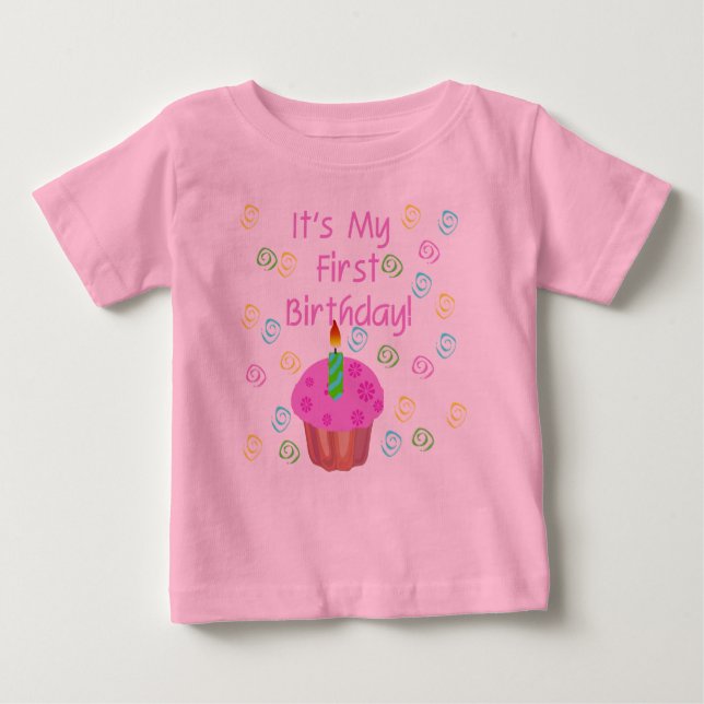 Camiseta De Bebé 1r cumpleaños de la magdalena rosada (Anverso)