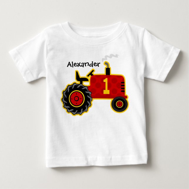 Camiseta De Bebé 1r cumpleaños del tractor rojo personalizado (Anverso)