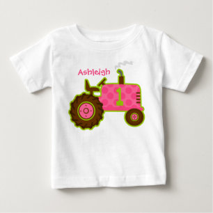 Camiseta De Bebé 1r cumpleaños del tractor rosado personalizado