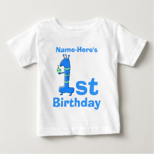 Camiseta De Bebé 1r dibujo animado del cumpleaños, en azul. Nombre