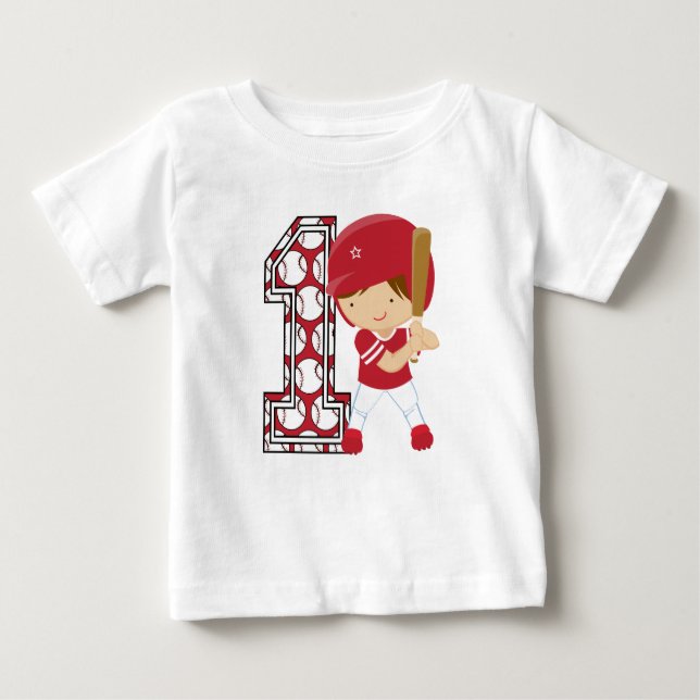 Camiseta De Bebé 1r Rojo y blanco del talud del béisbol del (Anverso)