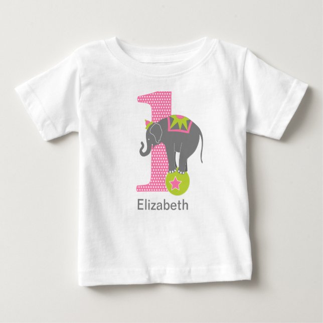 Camiseta De Bebé 1r Rosa del elefante del circo del cumpleaños (Anverso)