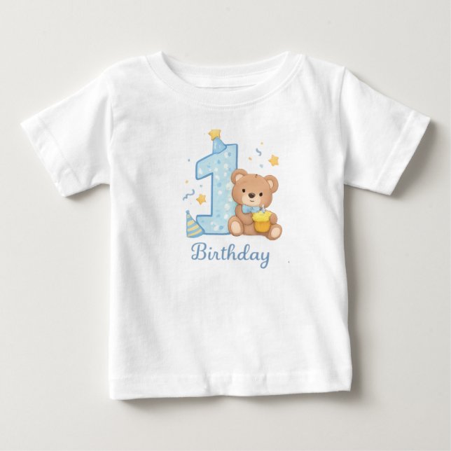 Camiseta De Bebé 1st Birthday Bear Toddler T-Shirt – Cute Blue Bear (Anverso)