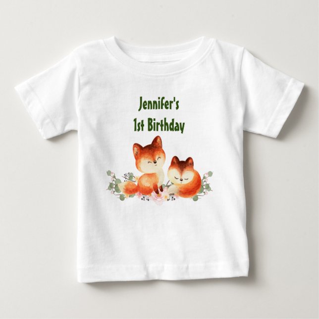 Camiseta De Bebé 2 Cute Little Red Foxes Acuarela Primer Cumpleaños (Anverso)