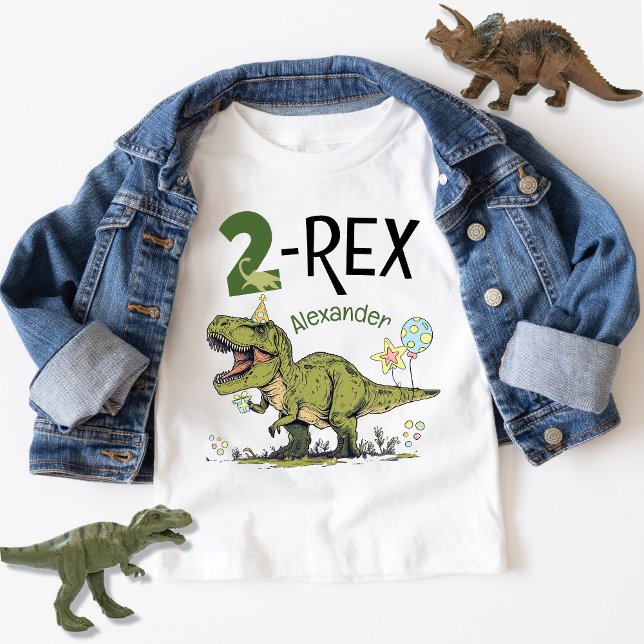 Camiseta De Bebé 2-Rex Cute Dinosaurio Tema Segundo Fiesta de Cumpl (Cute 2-Rex cartoon dinosaur theme second birthday party t-shirt with kids name, T-Rex Dino, Two)
