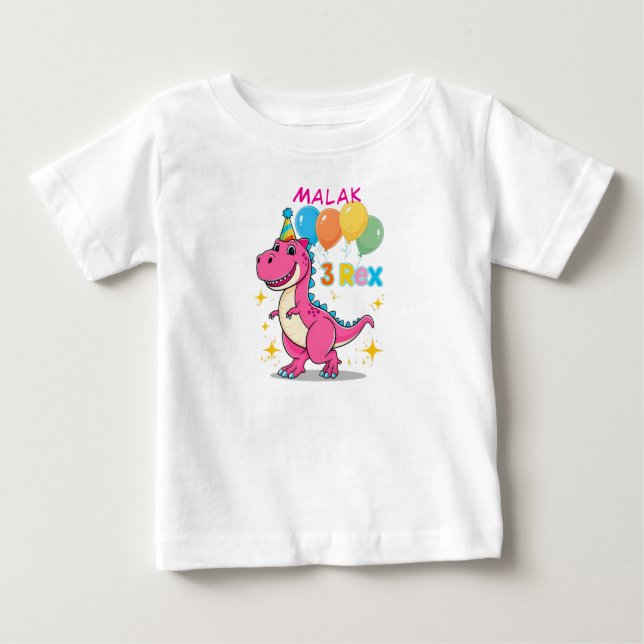Camiseta De Bebé 3 Rex Dinosaur Celebración De Cumpleaños Rosa (Anverso)