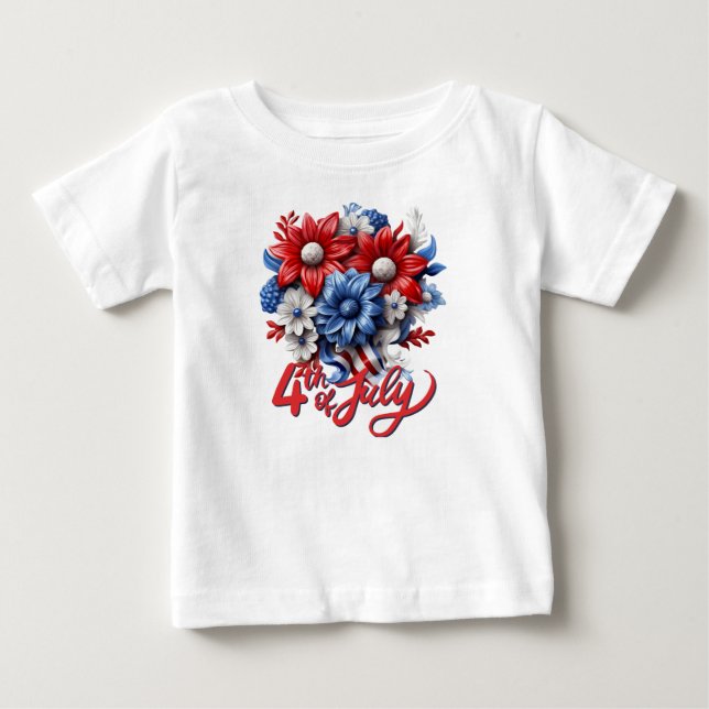 Camiseta De Bebé 4 de julio Flores en blanco rojo y azul patriótico (Anverso)