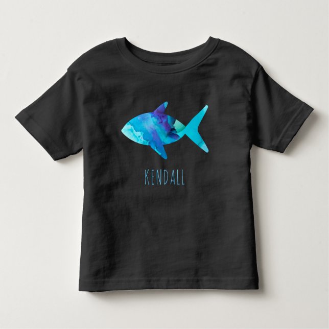 Camiseta De Bebé Acuarela Azul Pescado Océano Niños Personalizados (Anverso)