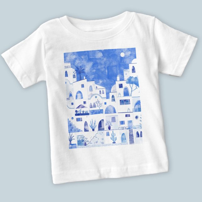 Camiseta De Bebé Acuarela de la isla griega de Santorini (Blue and white watercolor Santorini t-shirt)