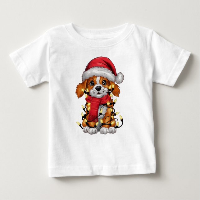 Camiseta De Bebé Adorable cachorro enredado en luces de vacaciones (Anverso)