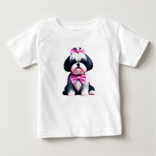 Camiseta De Bebé Adorable Tzu chiita negro y blanco con polka rosa
