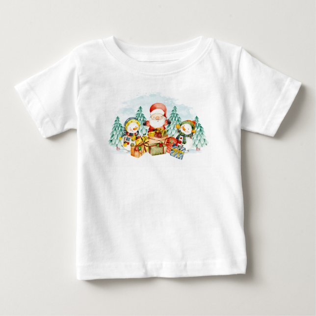 Camiseta De Bebé Adorables Navidades Santa y Snowmen con regalo (Anverso)