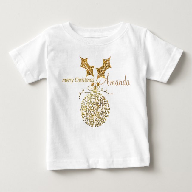 Camiseta De Bebé Adorno de Bola de Navidad Dorado y Acebo (Anverso)