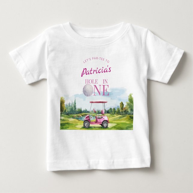 Camiseta De Bebé Agujero en Uno Rosa Golf Primer Cumpleaños (Anverso)