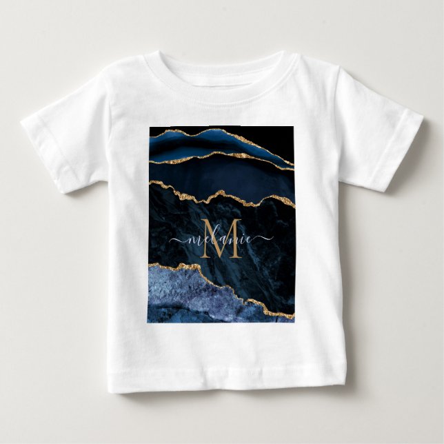 Camiseta De Bebé Agy Navy Blue Gold Gemstone Marble Nombre personal (Anverso)