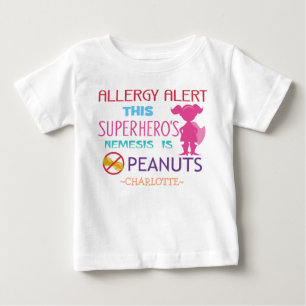 Camiseta De Bebé Alerta de Alergia a Maní Superheroínas Personaliza
