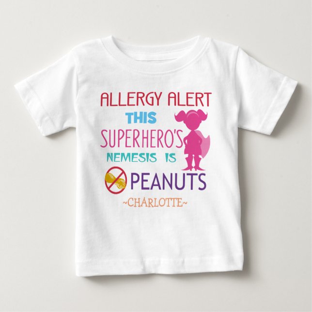 Camiseta De Bebé Alerta de Alergia al Maní Superheroínas Personaliz (Anverso)