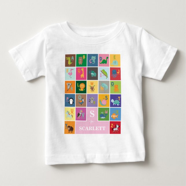 Camiseta De Bebé Alfabeto animal de niña pequeña personalizada (Anverso)