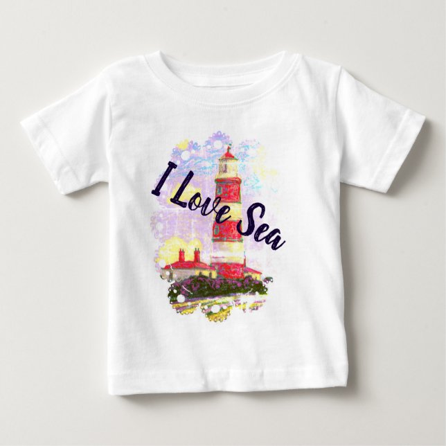 Camiseta De Bebé Amo el mar con un faro y una concha (Anverso)