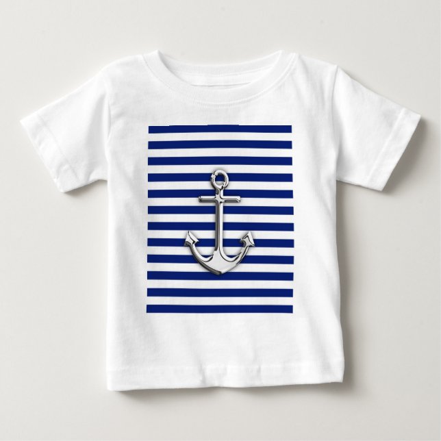 Camiseta De Bebé Anclaje cromado en franjas de la marina (Anverso)