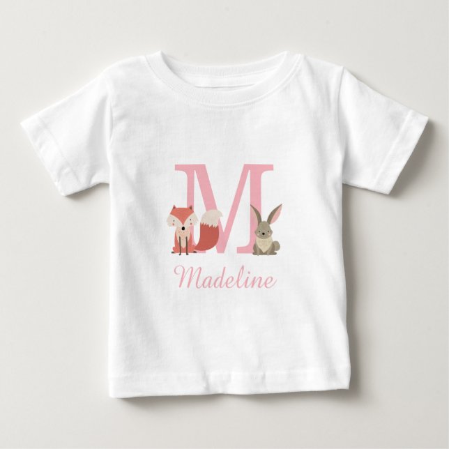 Camiseta De Bebé Animales Bonitos del Bosque Monograma Rosa (Anverso)