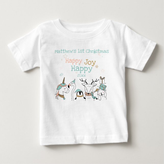 Camiseta De Bebé Animales curados Navidades de bebé felices alegría (Anverso)