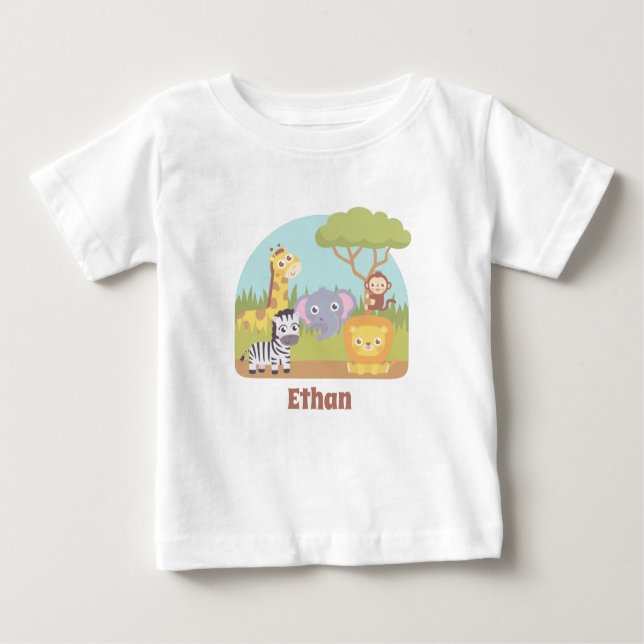 Camiseta De Bebé Animales de Safari, jirafa, león, nombre de cebra (Anverso)