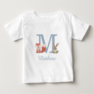Camiseta De Bebé Animales del Bosque Azul Bebé Niño Inicial Monogra