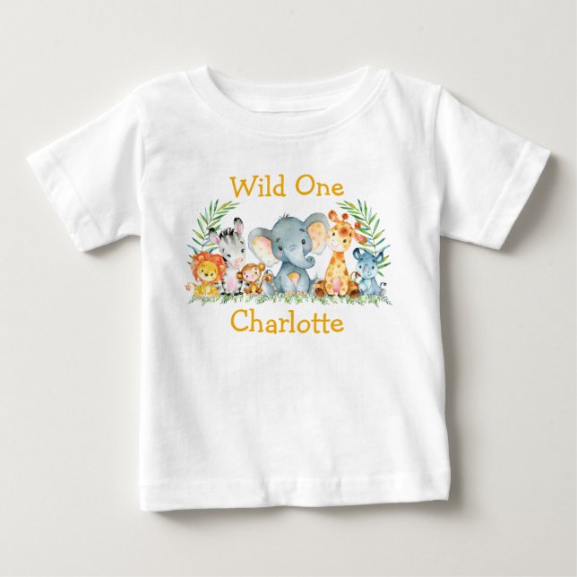Camiseta De Bebé Animales salvajes de Safari de primer cumpleaños A (Anverso)