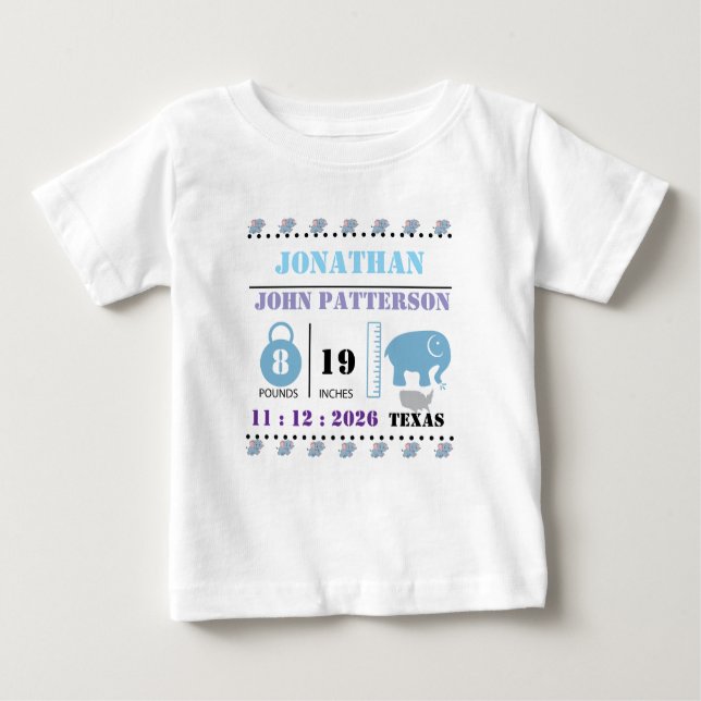 Camiseta De Bebé Anuncio de nacimiento de elefante bebé azul lindo (Anverso)