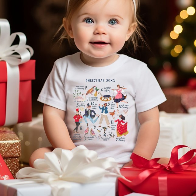 Camiseta De Bebé Apenas 12 días de Navidades niños clásicos (Christmas baby t-shirt custom year, 12 days of Christmas Illustration.)