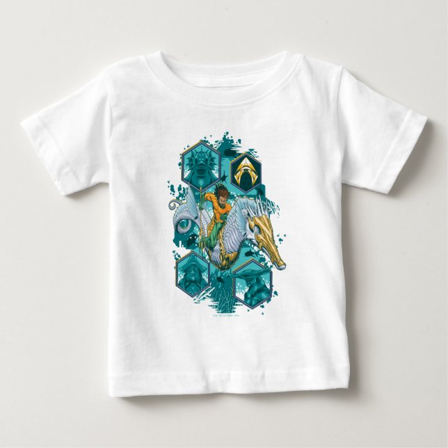 Camiseta De Bebé Aquaman montando caballito de mar a través de los  (Anverso)