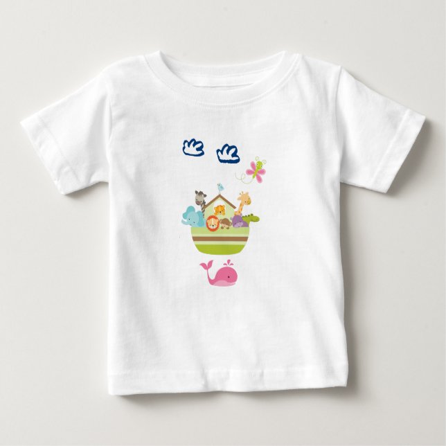 Camiseta De Bebé Arca animal en el zoológico con mariposa y ballena (Anverso)