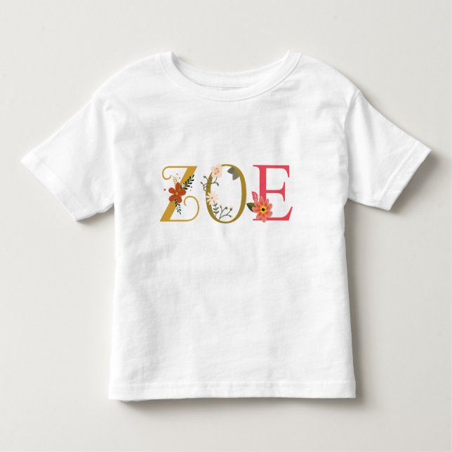 Camiseta De Bebé Arte de nombre ZOE con flores bordadas (Anverso)
