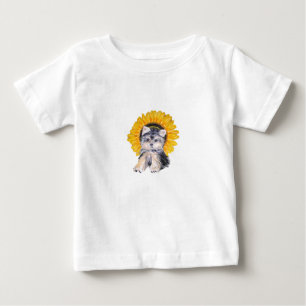 Camiseta De Bebé Arte de perrito Yorkshire lindo y girasol