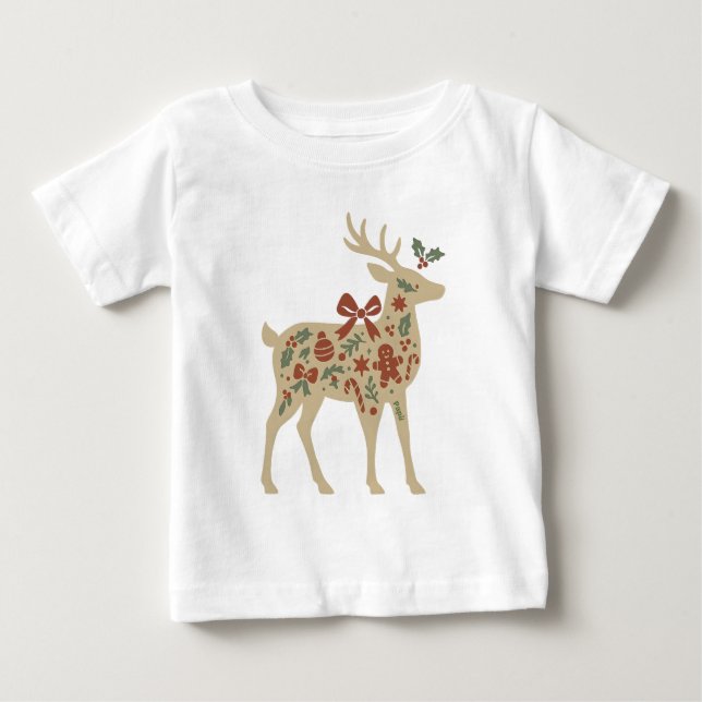 Camiseta De Bebé Arte floral de reno de Navidad (Anverso)