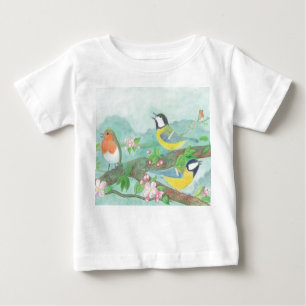 Camiseta De Bebé Aves cantando en una rama de árbol floreciente