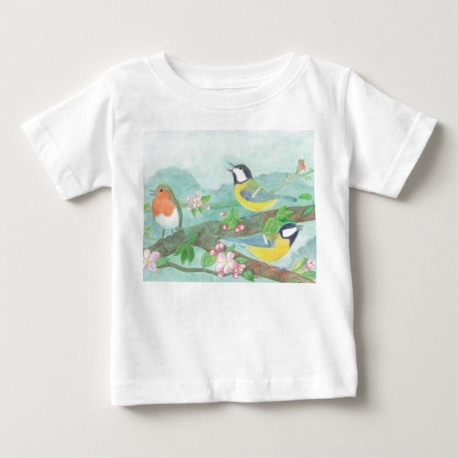 Camiseta De Bebé Aves cantando en una rama de árbol floreciente (Anverso)
