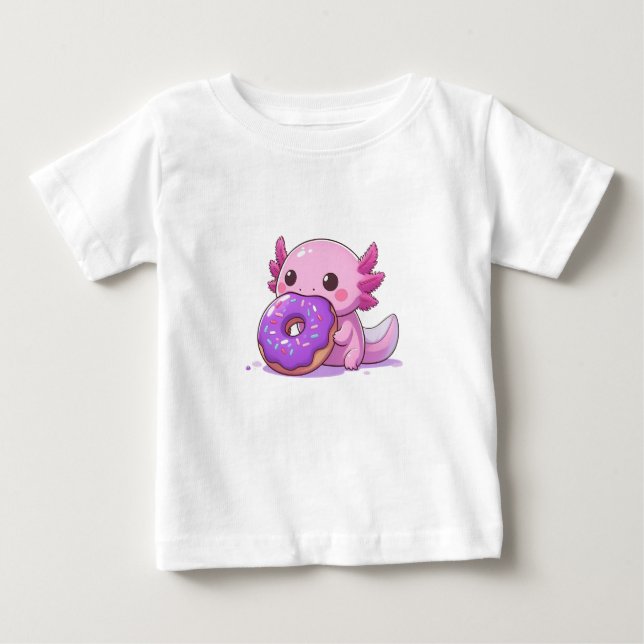 Camiseta De Bebé Axolotl come donuts morados. (Anverso)