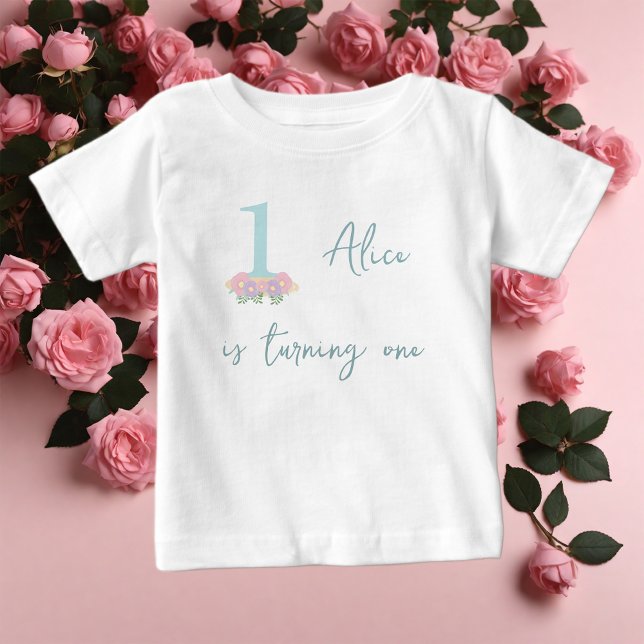 Camiseta De Bebé Azul floral, rosa pastel fiesta de cumpleaños 1.ᵉʳ (Subido por el creador)