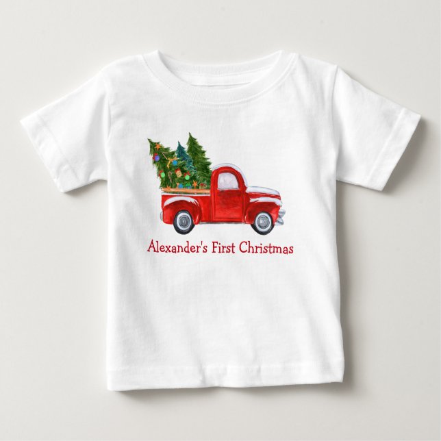 Camiseta De Bebé Baby First Christmas Red Truck Nombre (Anverso)