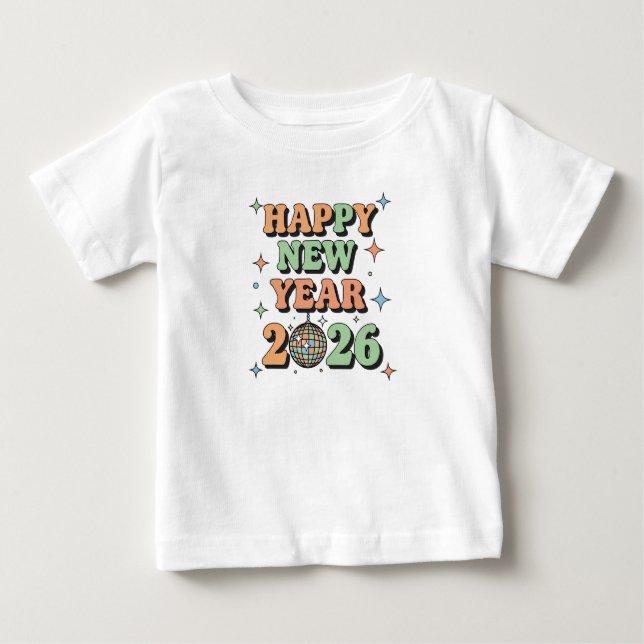 Camiseta De Bebé Baby Happy New Year 2026 Groovy T-Shirt (Anverso)