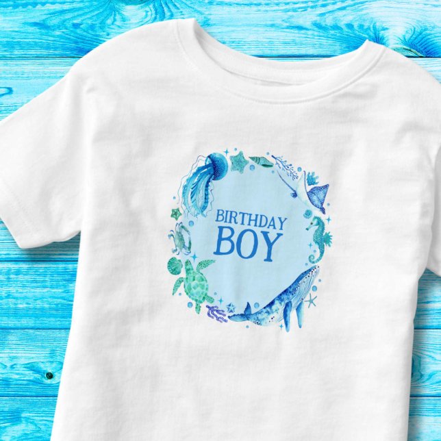 Camiseta De Bebé Bajo el mar Nacimiento Niño Azul acuarela (Under the Sea Birthday Boy Blue Watercolor Toddler T-shirt)