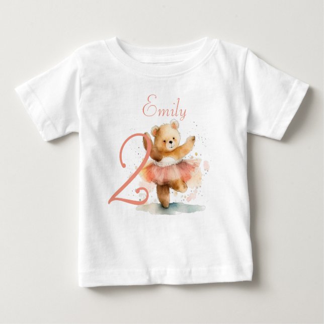 Camiseta De Bebé Balerín de oso pequeño acuarela rosa Cumpleaños (Anverso)