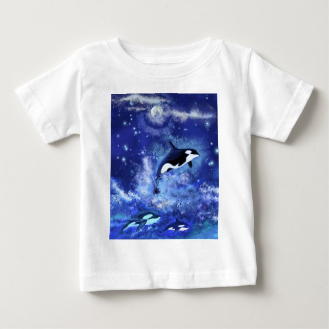 Camiseta De Bebé Ballenas asesinas a plena Luna - Dibujo artístico (Anverso)