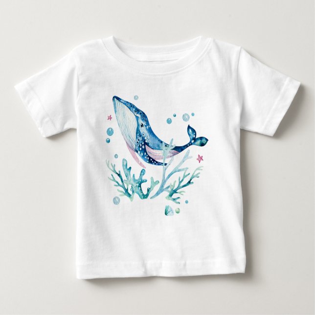 Camiseta De Bebé Ballenas y corales, ilustracion acuático (Anverso)