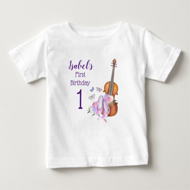 Camiseta De Bebé Ballet de violín de primer cumpleaños y mariposas (Anverso)