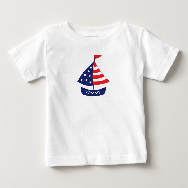 Camiseta De Bebé Barco de Vela Rojo Azul Náutico Nombre Personaliza (Anverso)