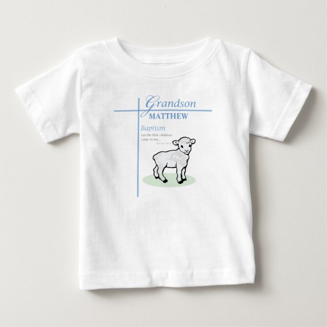 Camiseta De Bebé Bautizo del nieto azul niño cordero personalizado (Anverso)