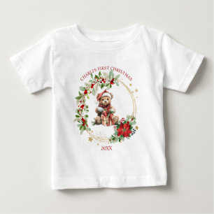 Camiseta De Bebé Bear Poinsettia Foliage la primera Navidad del beb